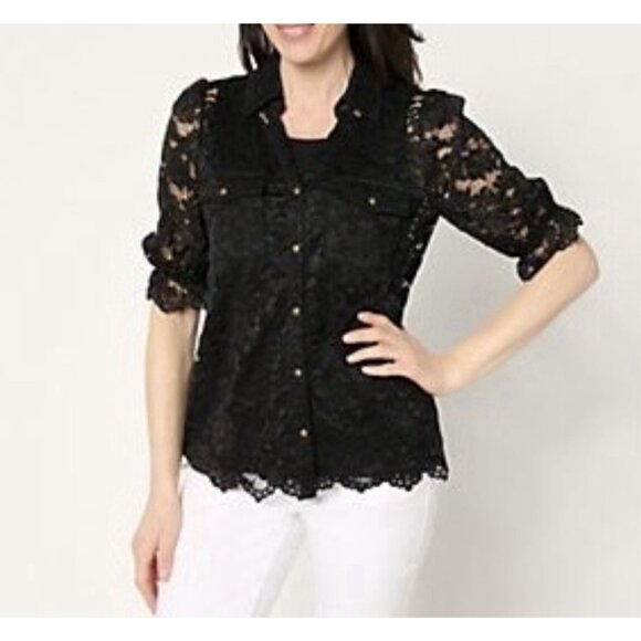Susan Graver Tops - Susan Graver Occasions Short-Sleeve Button-Front Lace Top Plus Size 1X Stretch